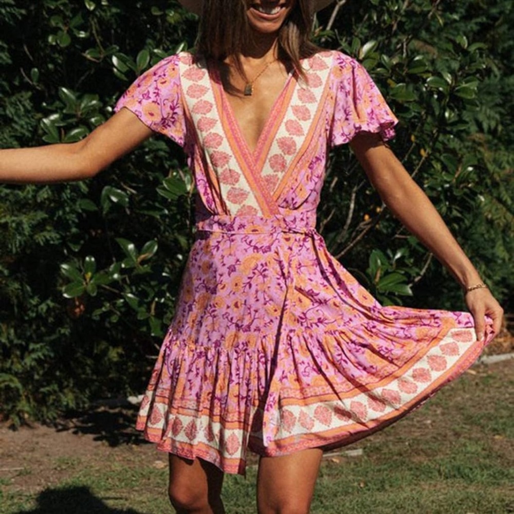 Fun Mini Wrap Dress in Pink & Orange